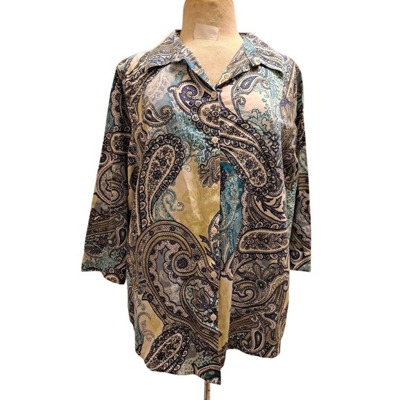 Chico's No Iron Top Shirt Women 3 US XL Button Up Paisley Preppy Classic Office - Picture 1 of 13